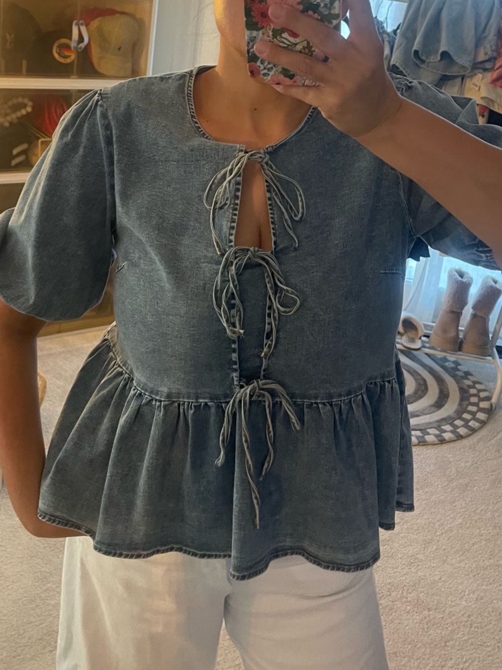 Gilli Washed Denim Blue Tie-Front Peplum Blouse